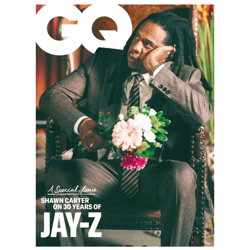A GQ magazine cover features a person in a suit holding a bouquet, highlighting \“Shawn Carter on 30 Years of Jay-Z\“.