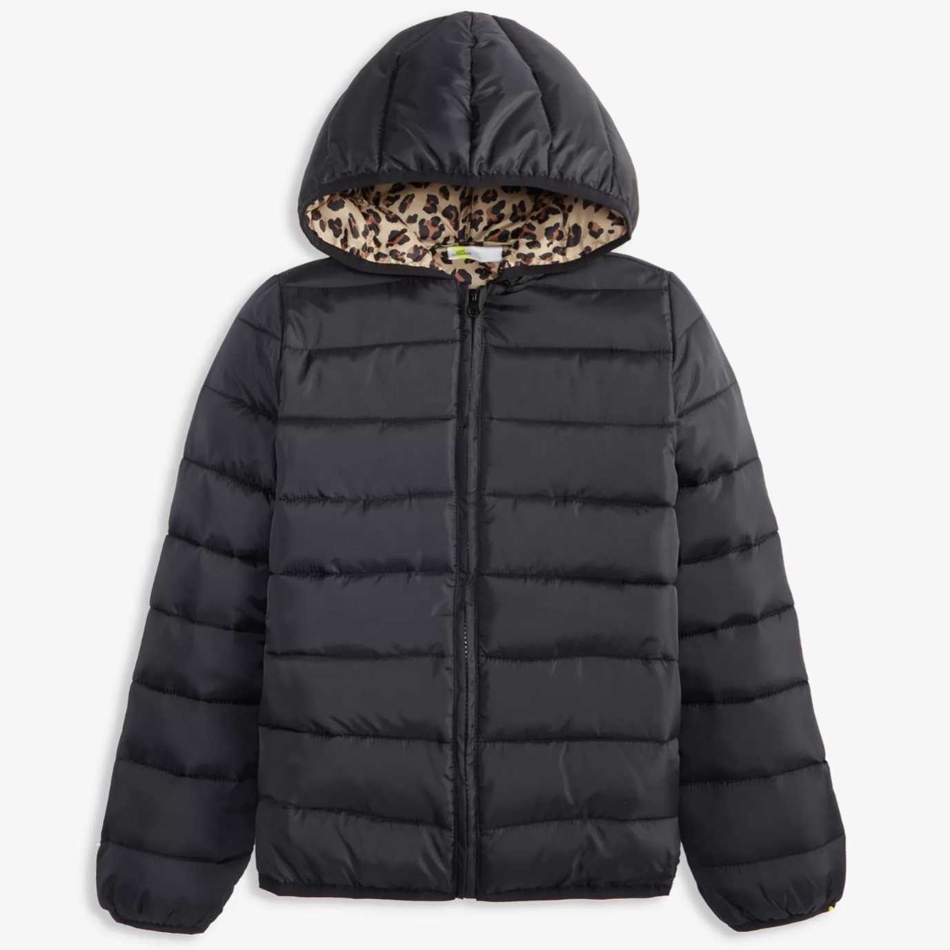 Black hooded puffer jacket with a leopard print lining.