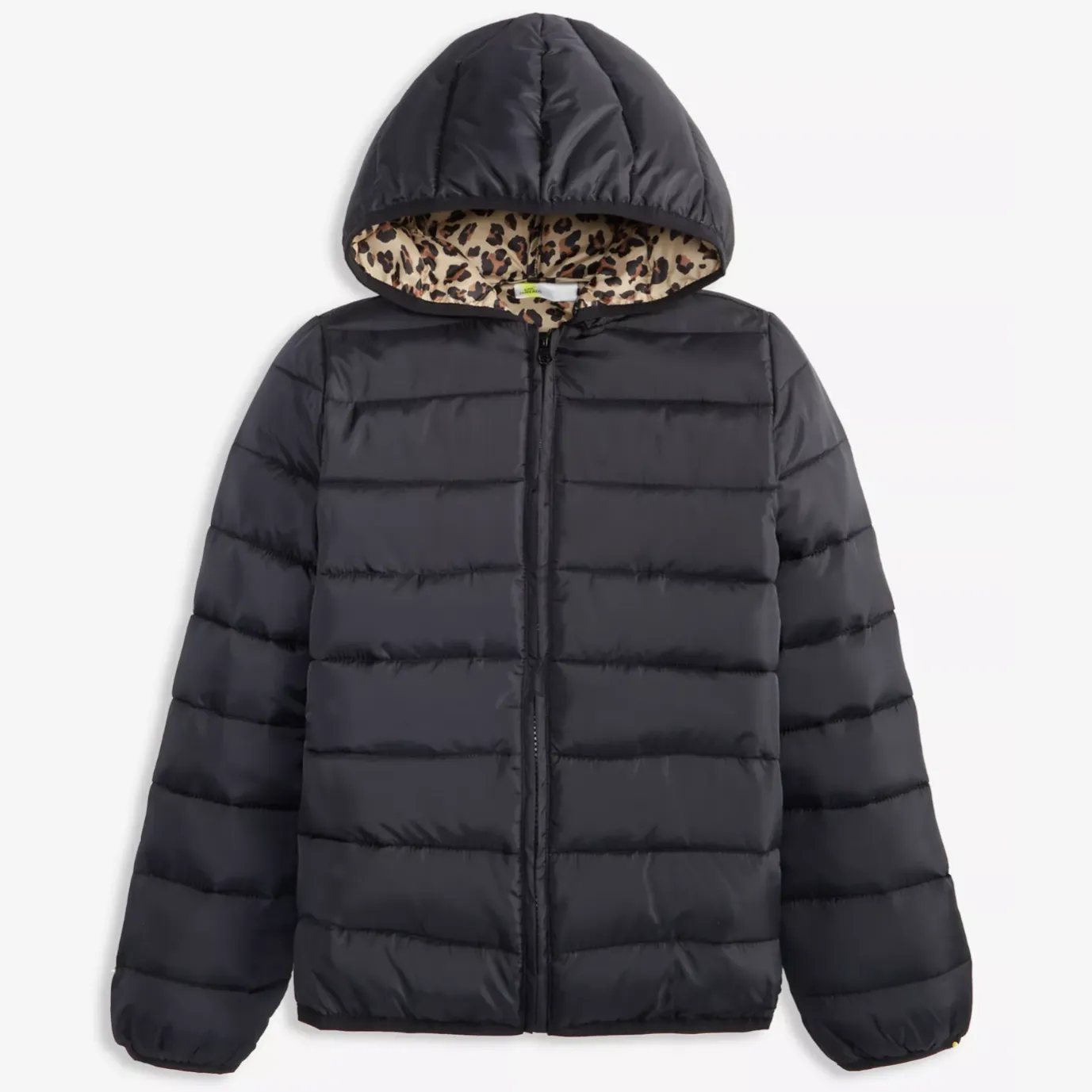 Black hooded puffer jacket with a leopard print lining.