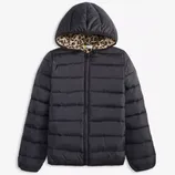 Black hooded puffer jacket with a leopard print lining.