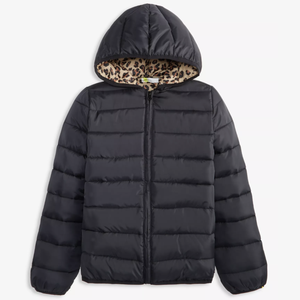 Black hooded puffer jacket with a leopard print lining.