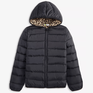 Black hooded puffer jacket with a leopard print lining.
