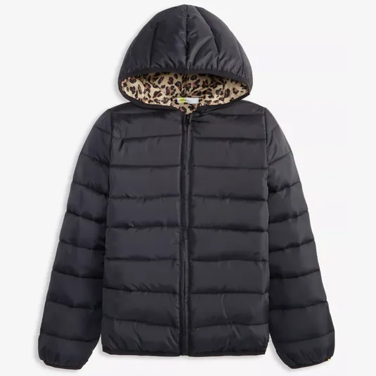 Black hooded puffer jacket with a leopard print lining.