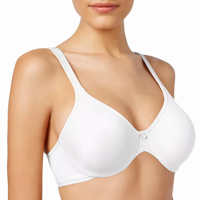 A woman is wearing a white, seamless underwire bra with thin straps and a small bow detail at the center front.