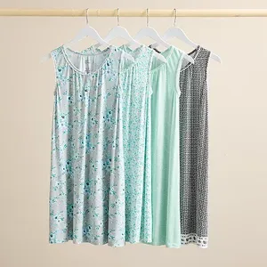 Four sleeveless nightgowns are displayed, each with a different pattern, ranging from floral to geometric prints, in shades of blue and aqua.