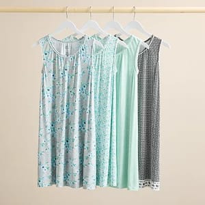 Four sleeveless nightgowns are displayed, each with a different pattern, ranging from floral to geometric prints, in shades of blue and aqua.