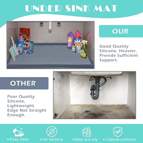 Comparison of under-sink mats: \“Our\“ mat uses good quality silicone, is heavier, and provides more support, while the \“Other\“ mat uses poor quality silicone, is lightweight, and has uneven edges. Features include easy clean, no bacteria, neat and tidy, and cabinet protection.