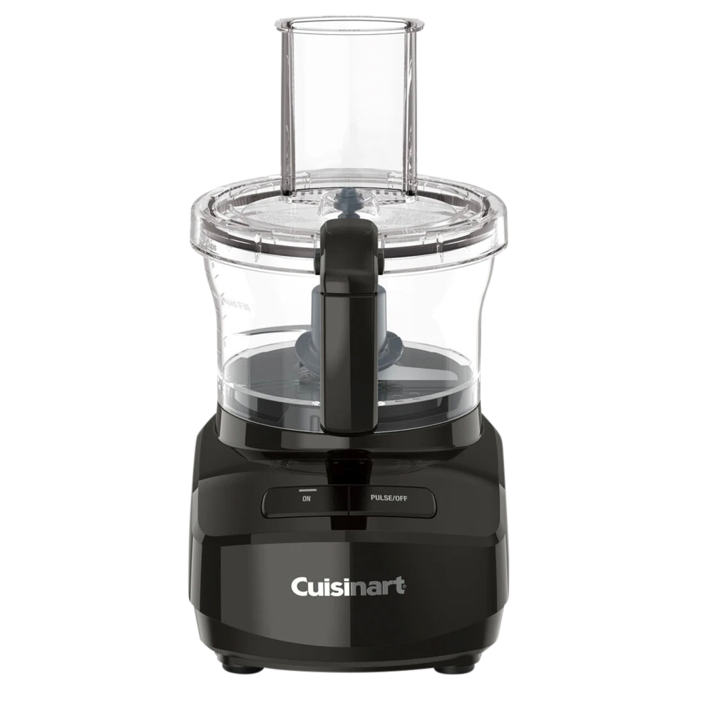 Cuisinart food processor with a clear processing bowl and black base, featuring an ON and Pulse/Off button and a top opening for adding ingredients while processing.