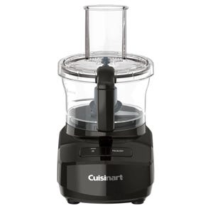 Cuisinart food processor with a clear processing bowl and black base, featuring an ON and Pulse/Off button and a top opening for adding ingredients while processing.