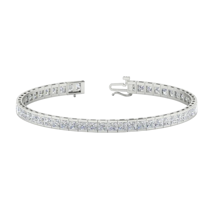 A silver tennis bracelet with square-cut diamonds set in a continuous line, featuring a clasp closure.