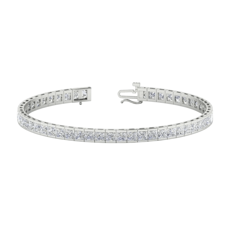 A silver tennis bracelet with square-cut diamonds set in a continuous line, featuring a clasp closure.