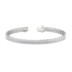 A silver tennis bracelet with square-cut diamonds set in a continuous line, featuring a clasp closure.