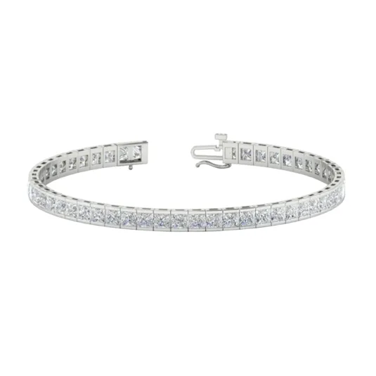 A silver tennis bracelet with square-cut diamonds set in a continuous line, featuring a clasp closure.