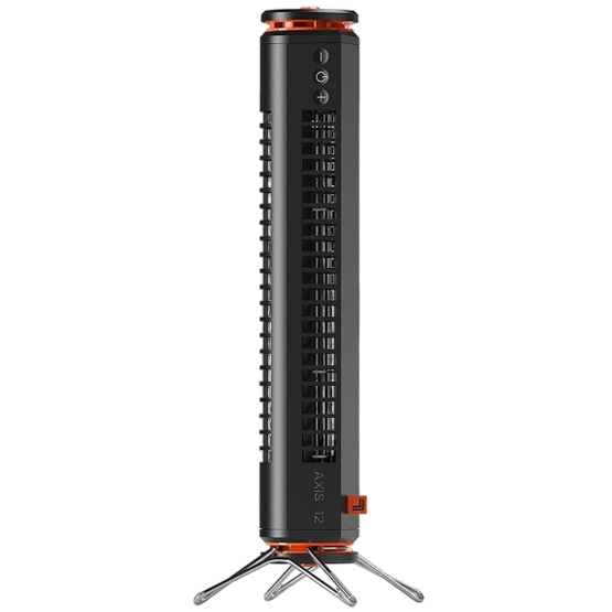 A cylindrical portable fan heater with a vertical design, featuring buttons for power and temperature adjustment on its side and metal foldable legs for stabilization.