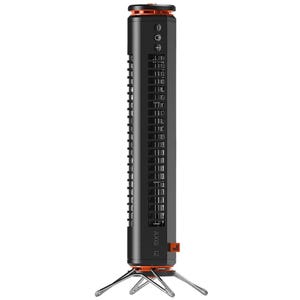 A cylindrical portable fan heater with a vertical design, featuring buttons for power and temperature adjustment on its side and metal foldable legs for stabilization.