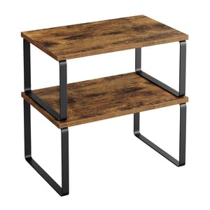 Two-tiered counter shelves with dark wood finish and U-shaped black metal legs.