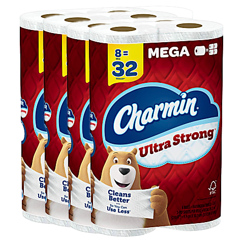 Pack of Charmin Ultra Strong toilet paper, featuring 8 mega rolls equivalent to 32 regular rolls. The packaging includes the Charmin bear mascot and highlights \“Cleans Better\“ with FSC certification.