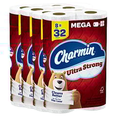 Pack of Charmin Ultra Strong toilet paper, featuring 8 mega rolls equivalent to 32 regular rolls. The packaging includes the Charmin bear mascot and highlights \“Cleans Better\“ with FSC certification.
