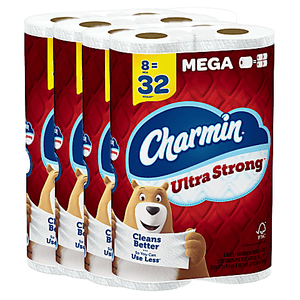 Pack of Charmin Ultra Strong toilet paper, featuring 8 mega rolls equivalent to 32 regular rolls. The packaging includes the Charmin bear mascot and highlights \“Cleans Better\“ with FSC certification.