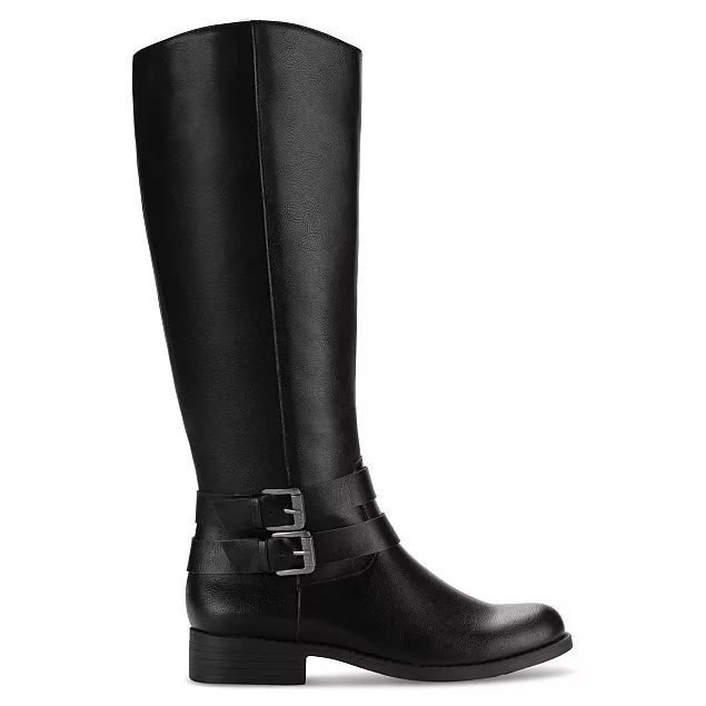 Black knee-high riding boots featuring a low heel and two buckle straps around the ankle. The boots are designed with a wider calf for a comfortable fit.