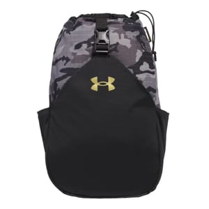A black and gray camouflage backpack with a top buckle and a gold Under Armour logo on the front.