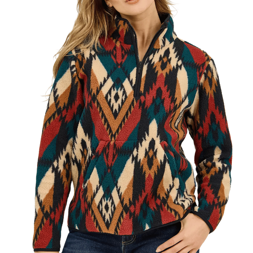A cozy fleece pullover featuring a colorful, geometric southwestern pattern with a quarter-zip design and a front pocket.