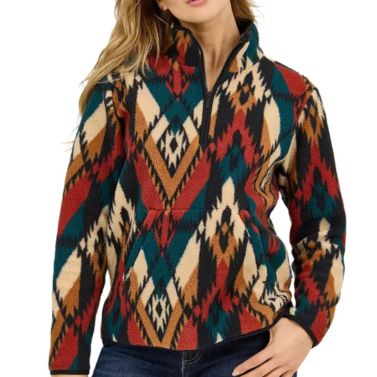 A cozy fleece pullover featuring a colorful, geometric southwestern pattern with a quarter-zip design and a front pocket.
