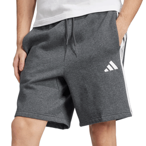 Gray athletic shorts with a white logo and stripe detailing, featuring a drawstring waist and side pockets for a casual look.