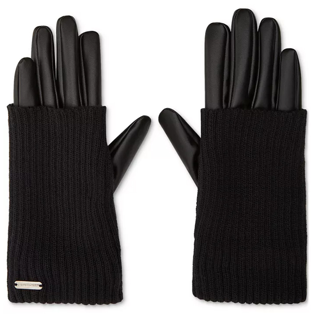 Steve Madden Mixed Media Gloves feature a combination of sleek black faux leather on the fingers and ribbed knit fabric on the wrist area, offering a stylish and warm design.