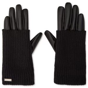 Steve Madden Mixed Media Gloves feature a combination of sleek black faux leather on the fingers and ribbed knit fabric on the wrist area, offering a stylish and warm design.