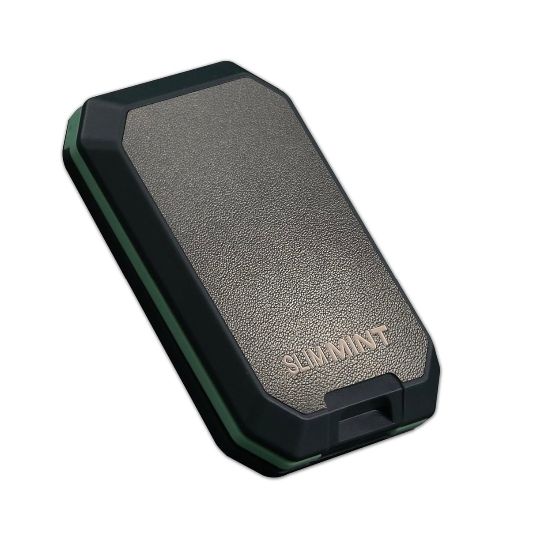 A black and gray slim, rectangular RFID-blocking wallet with a leather texture and the brand name \“SLIM MINT\“ embossed on it.