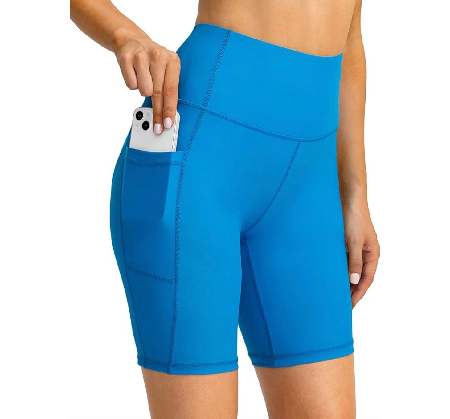 Bright blue high-waisted workout shorts with side pockets, designed for fitness activities, featuring a snug fit and suitable for carrying small items like a phone.