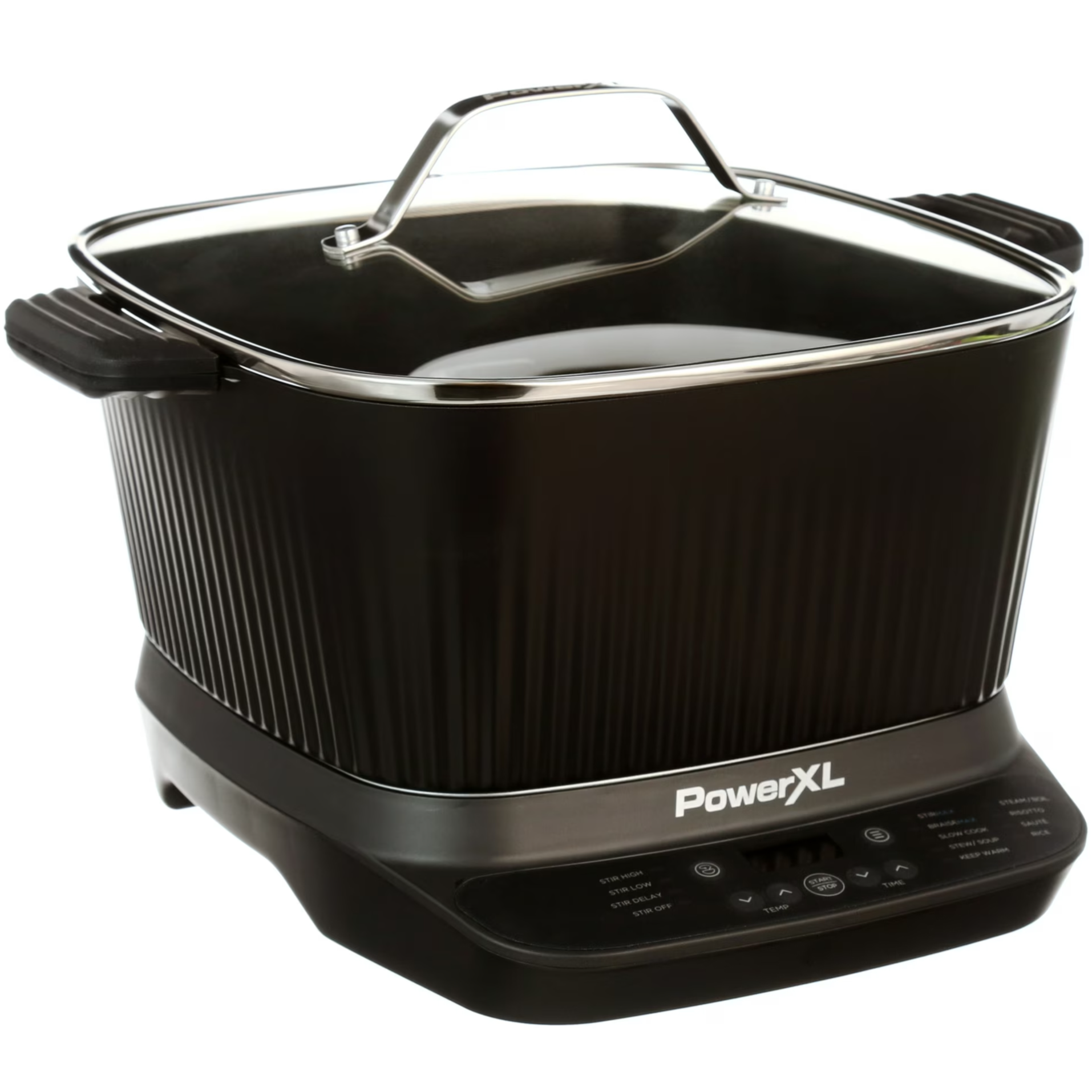 A black PowerXL electric multi-cooker with a glass lid and control panel, featuring various cooking settings.