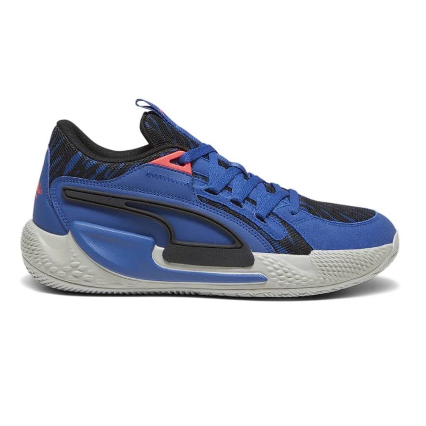 Puma Court Rider Basketball Shoes in blue with black and gray accents, featuring a textured sole for grip, lace-up closure, and a sleek design with layered materials for added support and style.