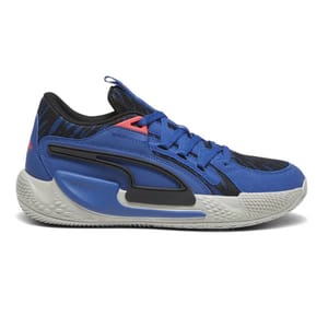 Puma Court Rider Basketball Shoes in blue with black and gray accents, featuring a textured sole for grip, lace-up closure, and a sleek design with layered materials for added support and style.