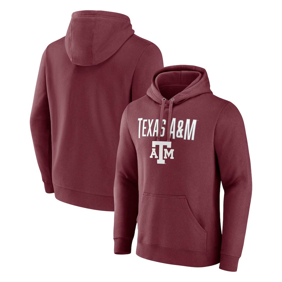 A maroon hoodie with \“TEXAS A&M\“ and the university logo printed on the front. Features a drawstring hood and a front pocket.