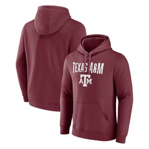 A maroon hoodie with \“TEXAS A&M\“ and the university logo printed on the front. Features a drawstring hood and a front pocket.