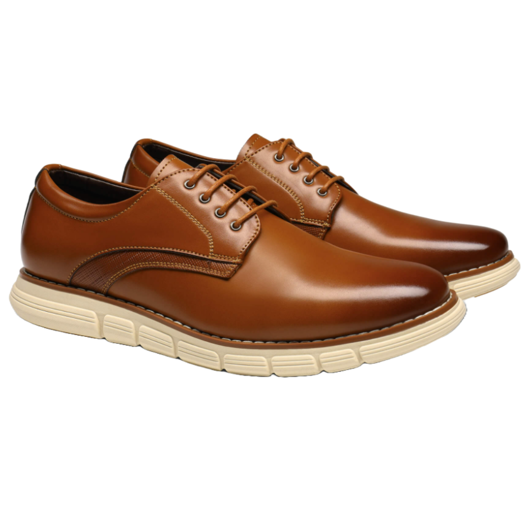 Brown faux leather lace-up Oxford sneakers with cushioned white rubber soles, featuring classic stitching and a sleek design for a blend of formal and casual style.