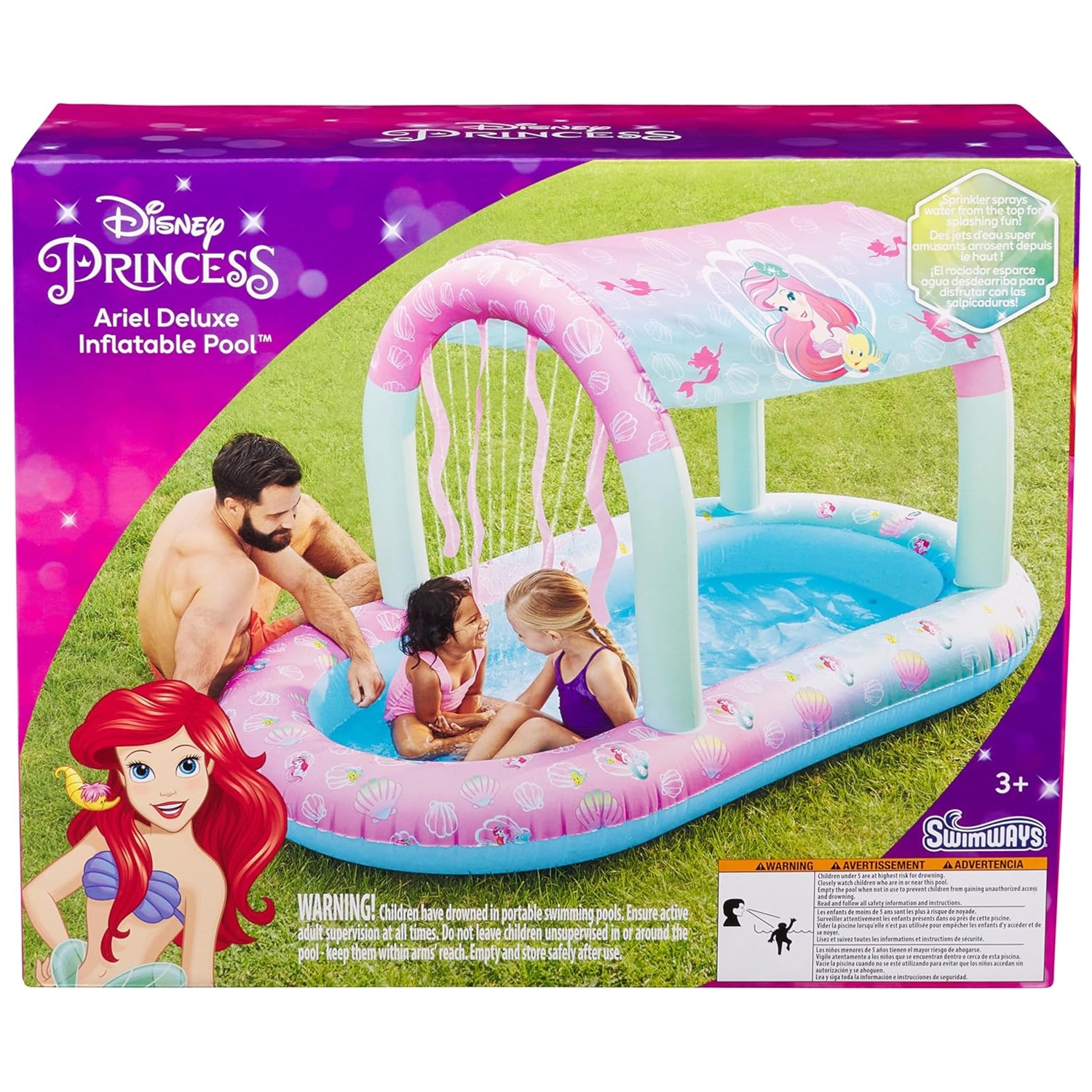 SwimWays Disney Ariel Deluxe Inflatable Pool features a pink and blue design with Ariel graphics, a canopy, and a sprinkler that sprays water from the top. It's suitable for children aged 3 and up and requires adult supervision.