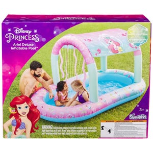 SwimWays Disney Ariel Deluxe Inflatable Pool features a pink and blue design with Ariel graphics, a canopy, and a sprinkler that sprays water from the top. It's suitable for children aged 3 and up and requires adult supervision.