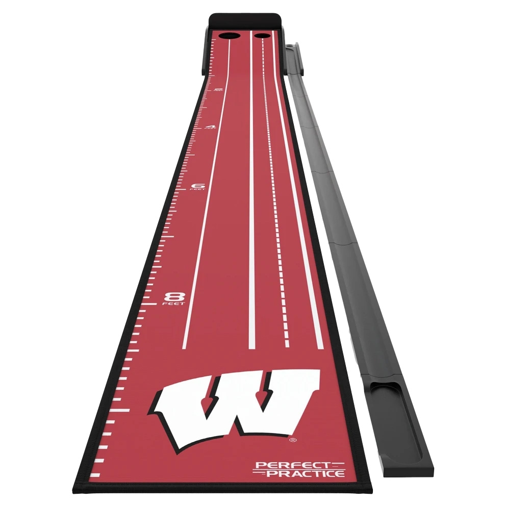 A red putting mat with the letter \“W,\“ marked with distance indicators in feet from 1 to 8, featuring two holes at one end and a ball return system.