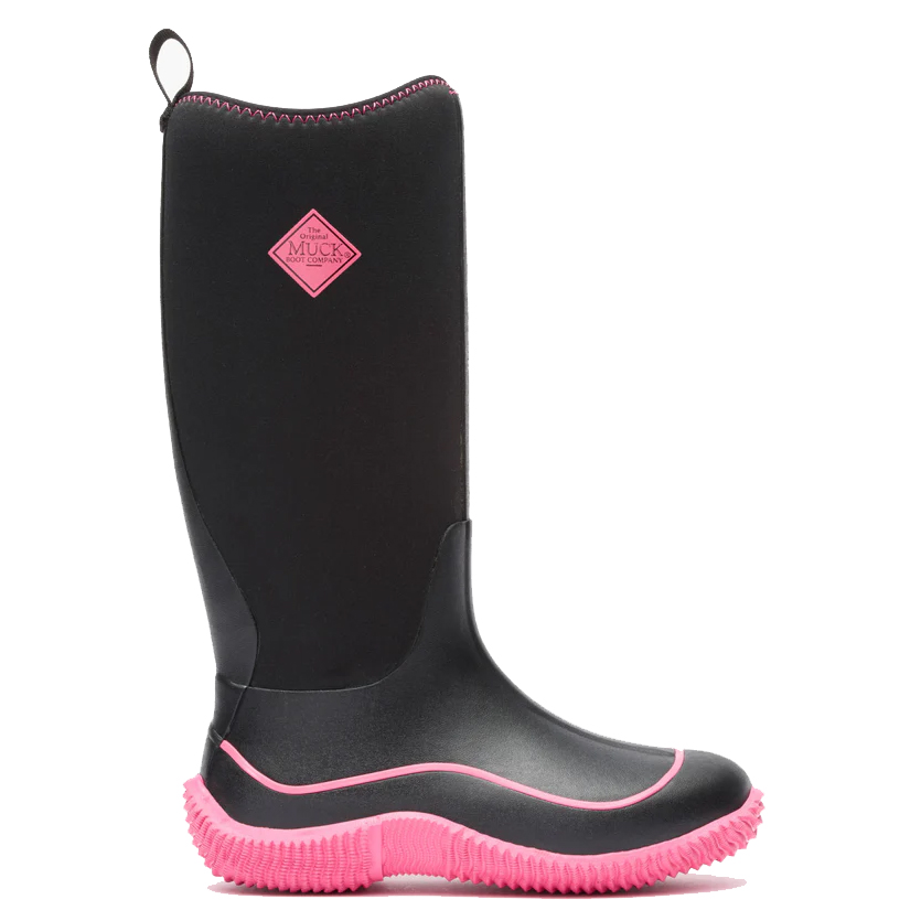 A black waterproof boot with pink accents from Muck Boot Company, featuring a tall design and textured sole for enhanced grip and protection.