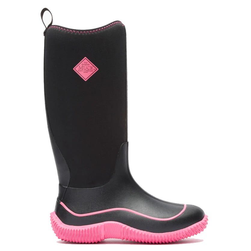 A black waterproof boot with pink accents from Muck Boot Company, featuring a tall design and textured sole for enhanced grip and protection.