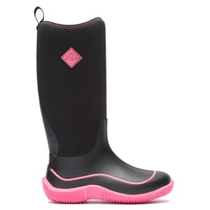 A black waterproof boot with pink accents from Muck Boot Company, featuring a tall design and textured sole for enhanced grip and protection.