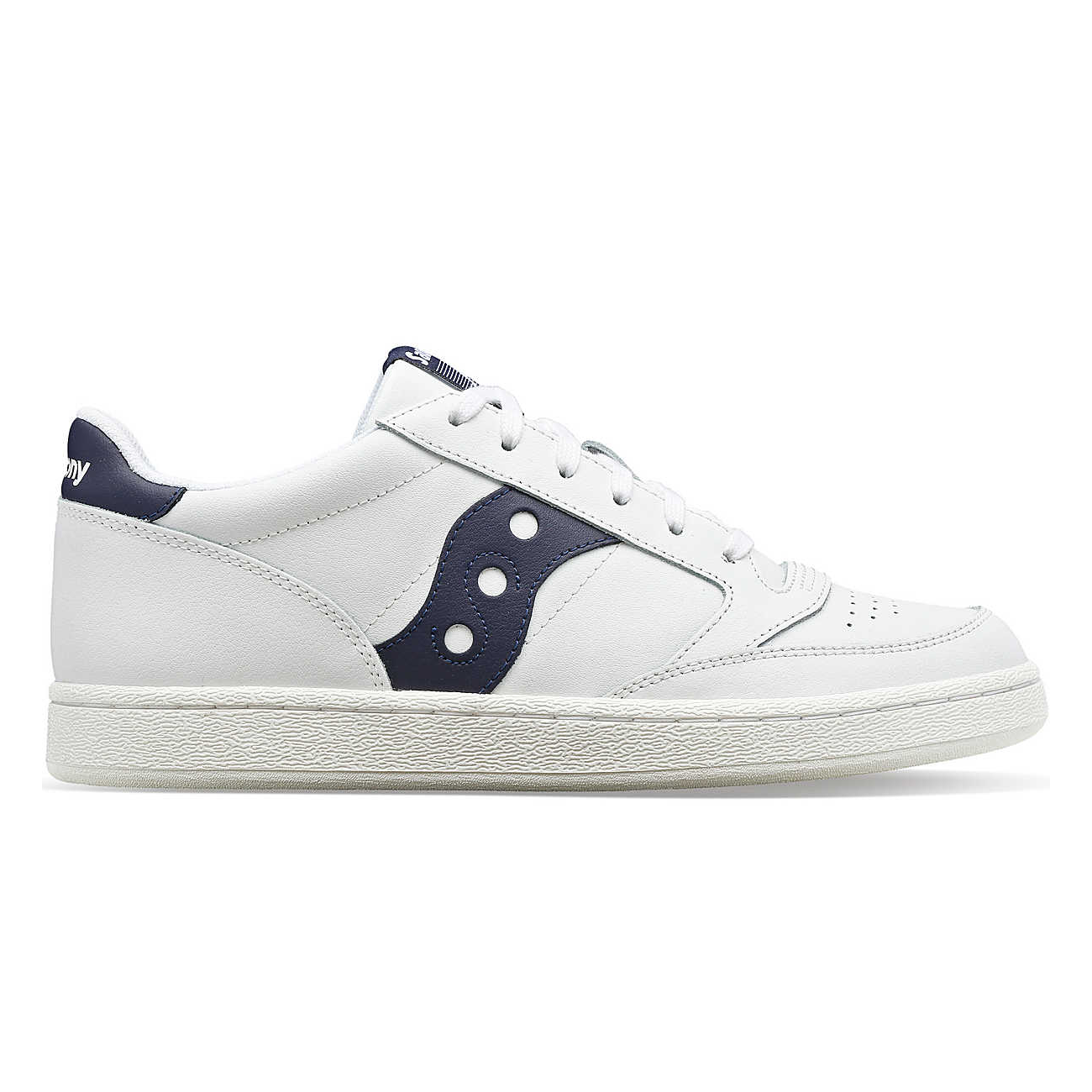 Saucony Jazz Court Shoes: white low-top sneakers with a navy overlay design, featuring a classic lace-up style and a textured rubber sole, combining a sporty and casual look.