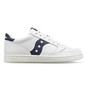 Saucony Jazz Court Shoes: white low-top sneakers with a navy overlay design, featuring a classic lace-up style and a textured rubber sole, combining a sporty and casual look.