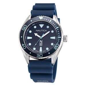 Nautica N83 watch with a blue dial and strap, featuring white and blue accents, silver bezel with minute markings, and 50M water resistance.