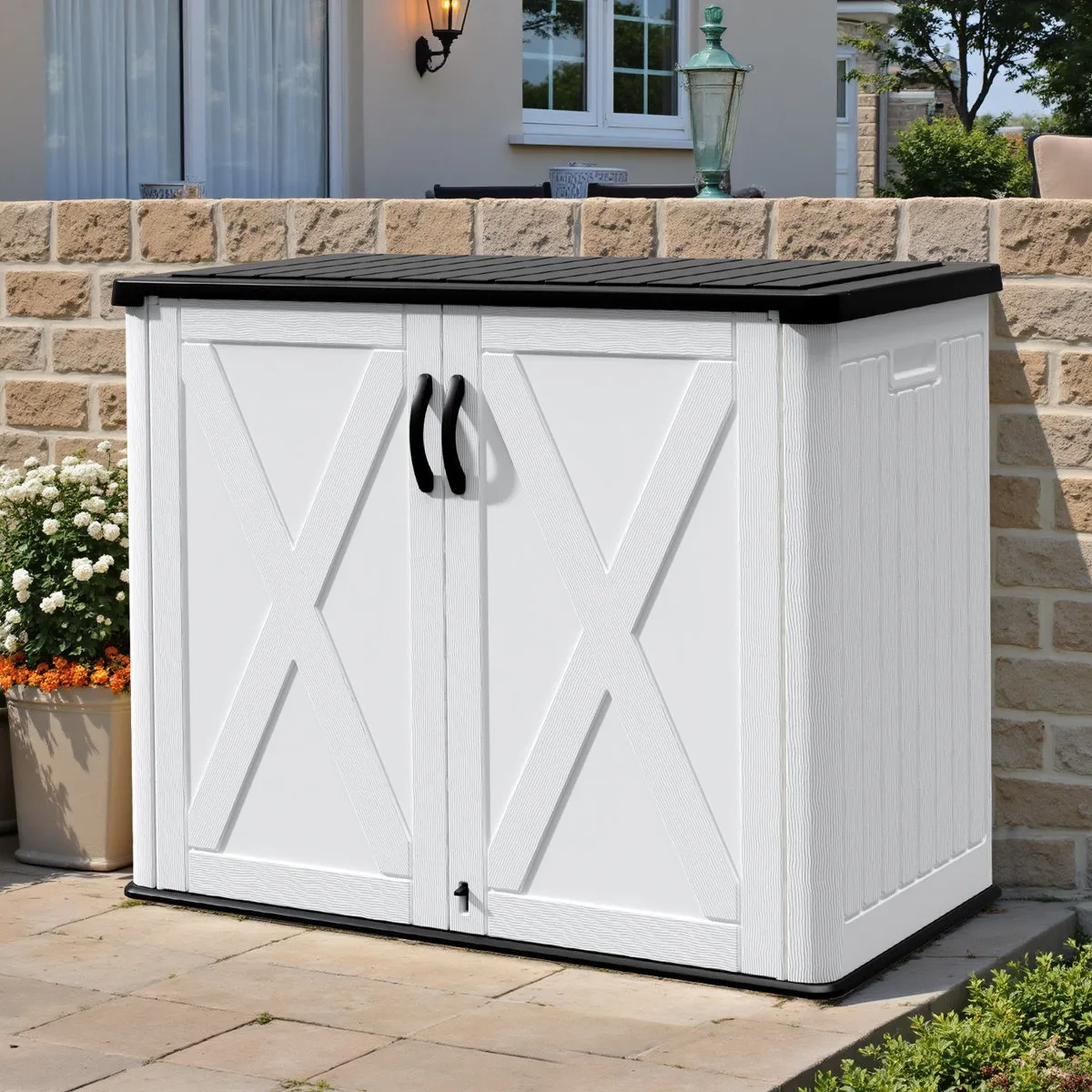 A white outdoor storage shed with black handles and a black top, featuring a double-door design with X-shaped patterns, placed on a tiled patio next to a brick wall and flowers.