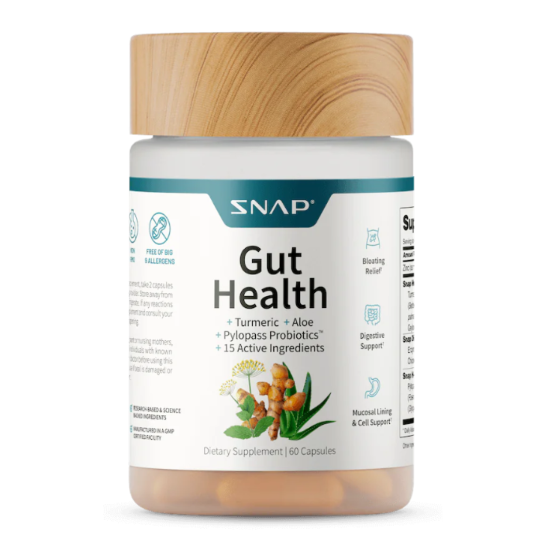 SNAP Gut Health is a dietary supplement with 60 capsules featuring turmeric, aloe, Pylopass probiotics, and 15 active ingredients for bloating relief, digestive support, and mucosal lining and cell support, free from big allergens.