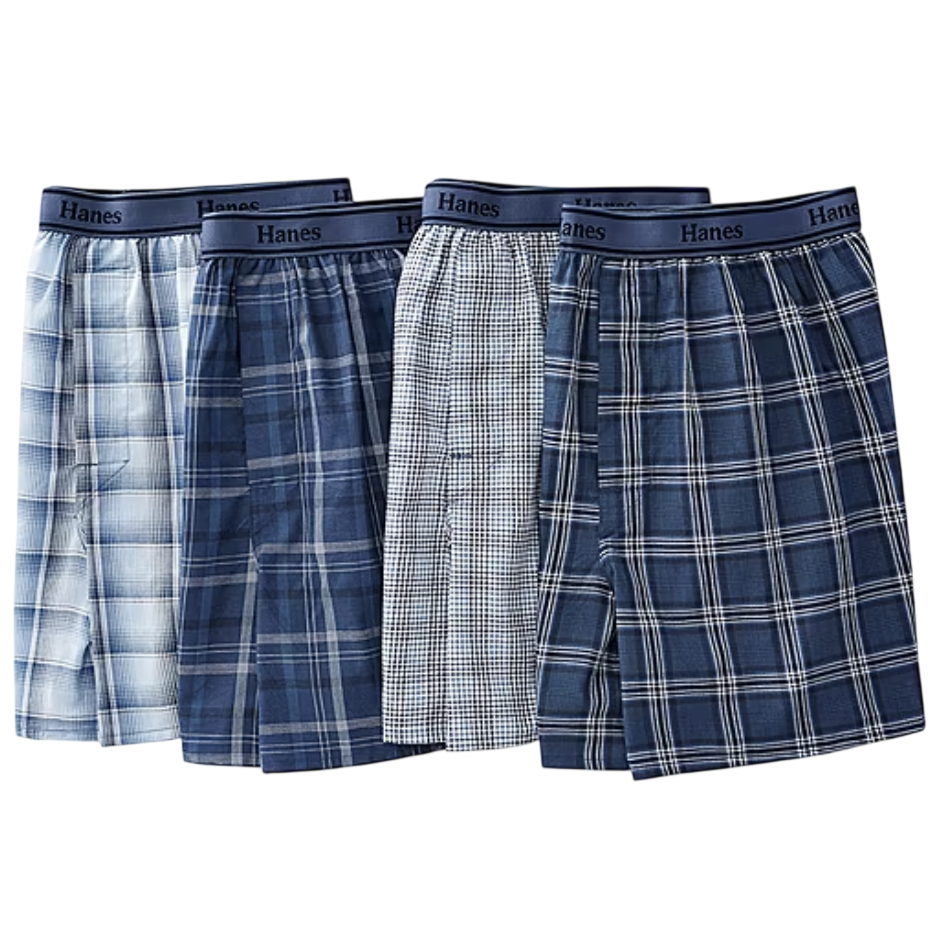 A set of four Hanes men's boxers in varying blue plaid and check patterns with elastic waistbands.